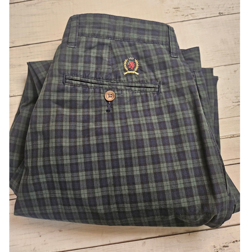Tommy Hilfiger Plaid Chino Pants Mens 32x30 Green Navy Blackwatch Tartan Pleated